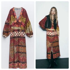 ZARA Patchwork Print Midi Dress Long Sleeve Plunge Neck Button Down